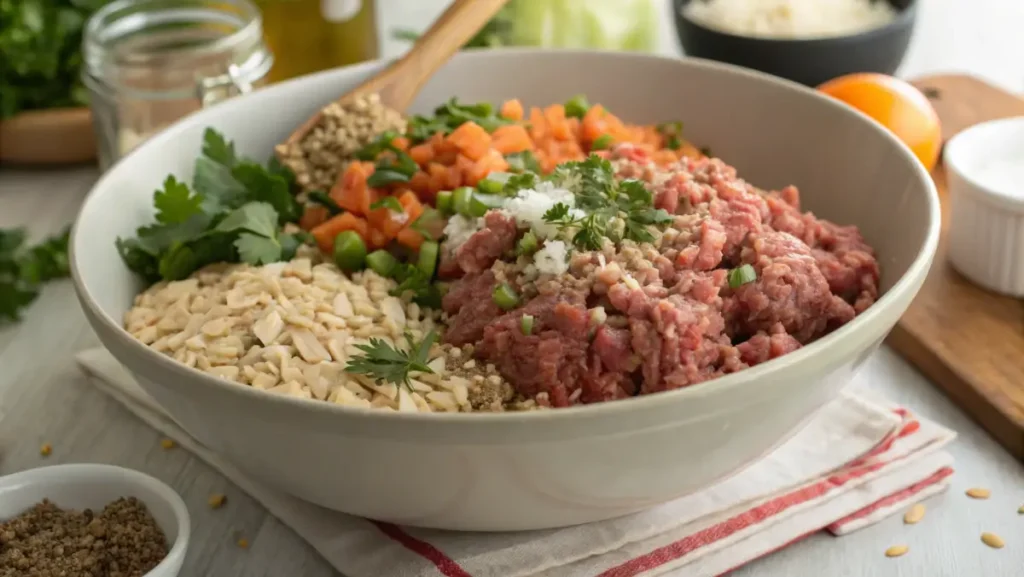 Raw meatloaf mixture without breadcrumbs in a mixing bowl.